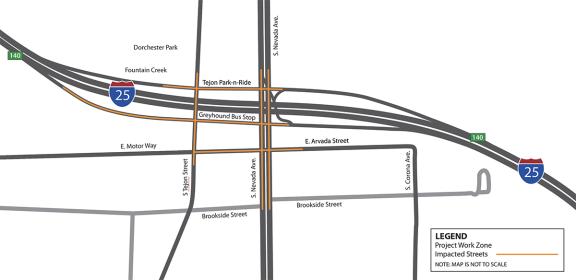This map shows the area surrounding South Nevada and the South Tejon Street Corridor. Streets on the map are depicted in grey and dark grey, with the areas where the work will occur are marked in orange. 