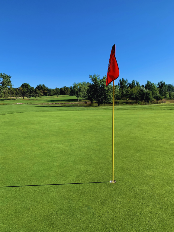 Picture of red golf flag on a yellow pole at Patty Jewett Golf Course greens