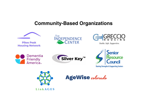 Logos for Pikes Peak Housing Network, The Independence Center, Greccio Housing, Dementia Friendly America, Silver Key, Senior Resource Council, Linkages, and AgeWise Colorado.