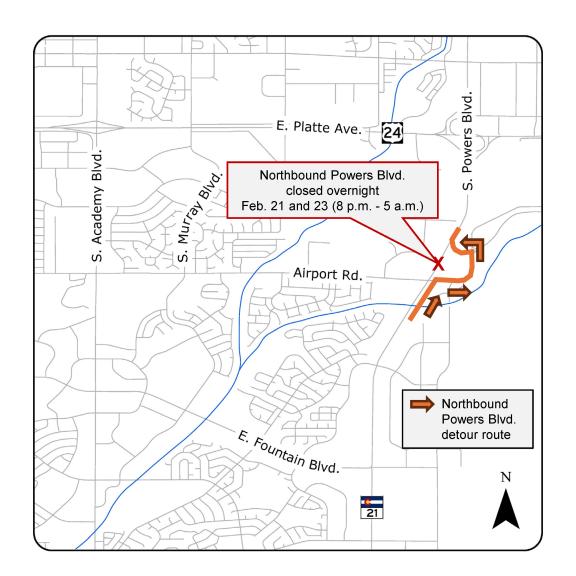 Map of eastern Colorado Springs displaying detour route for the closure of northbound Powers Boulevard (Colorado Highway 21) at Airport Road. All vehicles will turn right on Airport Boulevard and reenter northbound Powers Boulevard via the on-ramp at Stewart Avenue. Northbound Powers Boulevard closed overnight Feb. 21 and 23 from 8 p.m. to 5 a.m.