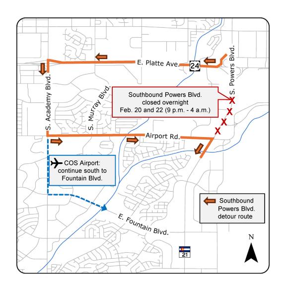 Map of eastern Colorado Springs displaying detour route for the closure of southbound Powers Boulevard (Colorado Highway 21) at East Platte Avenue. Motorists will exit Powers Boulevard and head west on East Platte Avenue, south on South Academy Boulevard and east on Airport Road where they will reenter southbound Powers Boulevard. Southbound Powers Boulevard closed overnight Feb. 20 and 22 from 9 p.m. to 4 a.m.