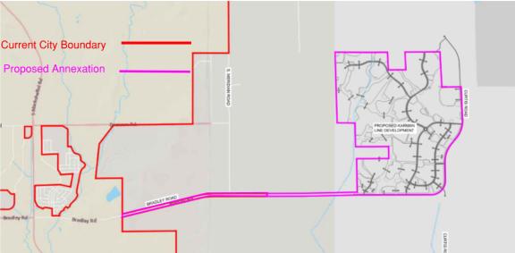 Map of the current City boundary and the proposed Karman Line Annexation area to the east of the current City boundary.