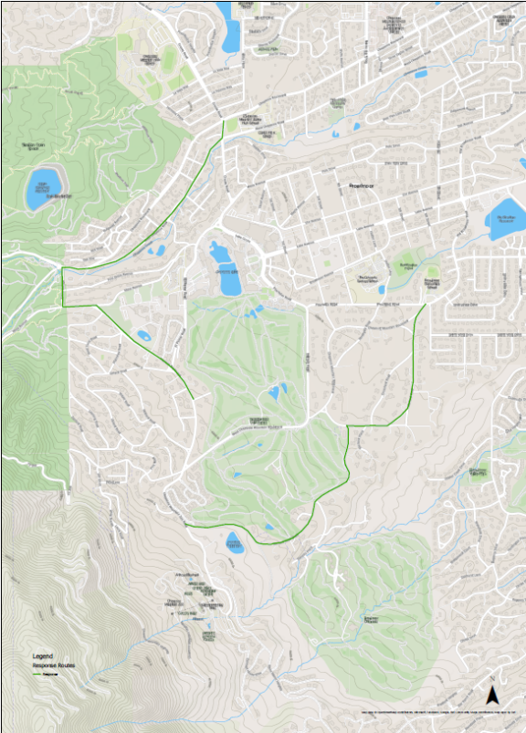 A map of the neighborhood around the Broadmoor that depicts the following response routes for the U.S. Senior Open: Lake avenue for weather-related evacuations, West Cheyenne Road to Evans Avenue to Mesa Ave./Penrose Blvd for catastrophic event entry, and Marland Road South for catastrophic event entry.