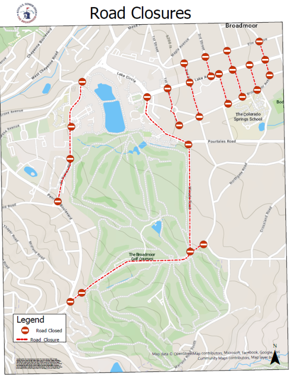 Map of road closures for the U.S. Senior Open. See above text for the written details.