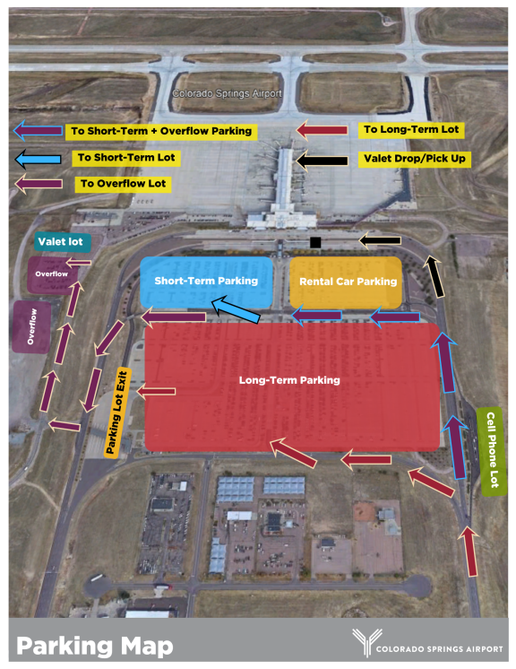 A parking map for the Colorado Springs Airport. See the text below for directions to the various lots.