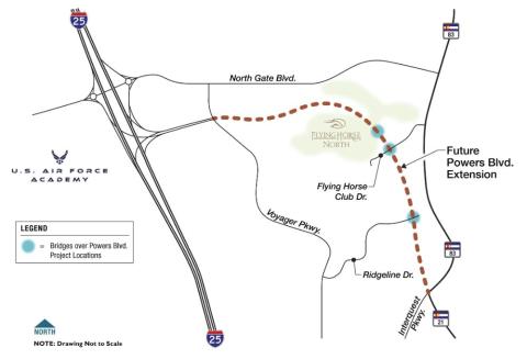 A map showing the planned extension of Powers Blvd to connect through to Interstate 25