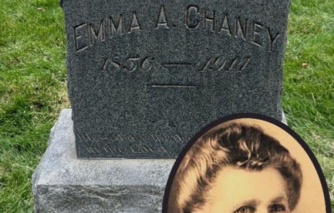 Headstone of Emma A. Chaney, 1856-1914, "Mamma" is carved on the top of the headstone.