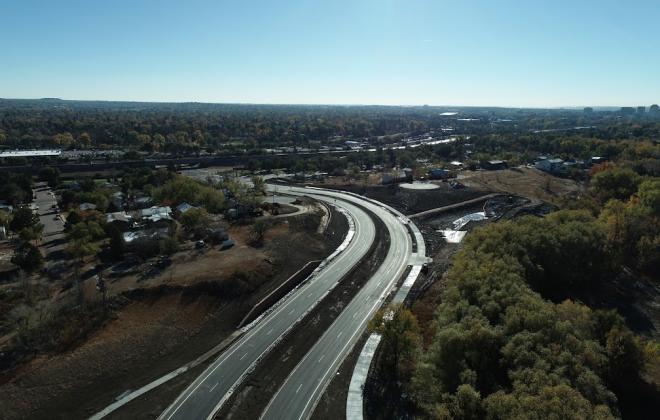 Aerial view of the newly completed Centennial Boulevard Ext. looking south towards Downtown Colorado Springs, Oct. 28.